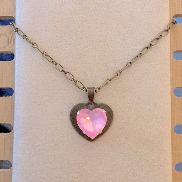 Pink Opal Aurora Borealis Crystal Heart Pendant Necklace - Picture 11 of 16